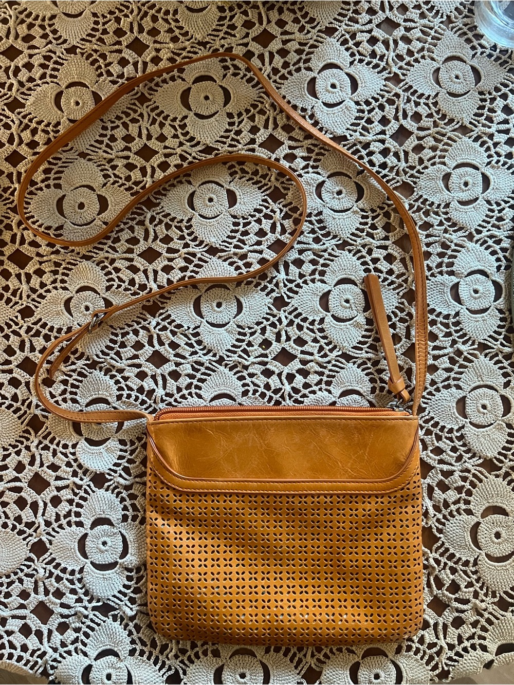 HOBO Tan Leather Floral Cutout Crossbody Bag Vintage Style